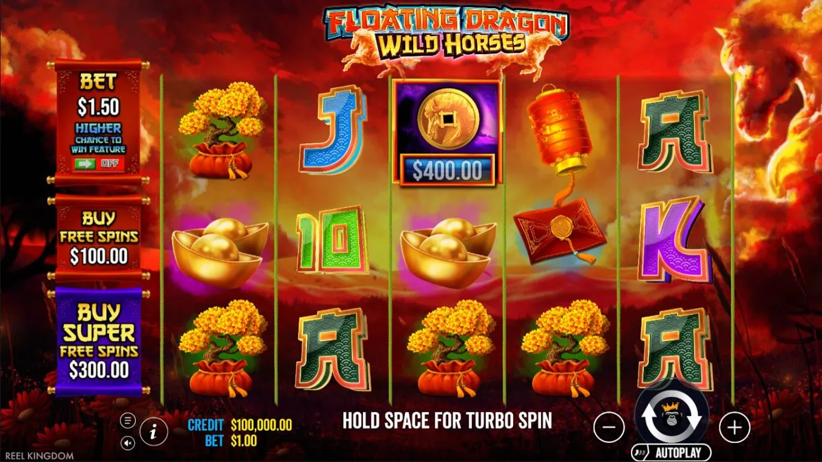 Floating Dragon Wild Horses slot game interface showing dragon and horse symbols