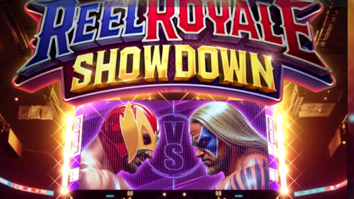 Reel Royale Showdown স্লট গেমের কুস্তি থিমযুক্ত রিল এবং উজ্জ্বল গ্রাফিক্স